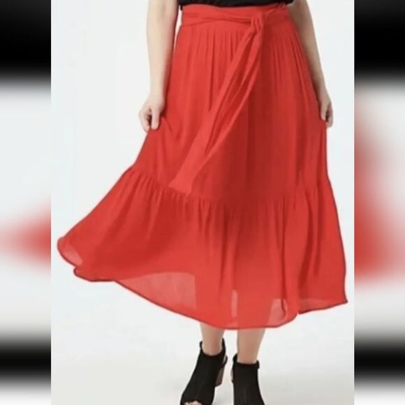 Gibson Look Tiered Belted Gauzy Midi Skirt Sz L Red NEW - Picture 1 of 11
